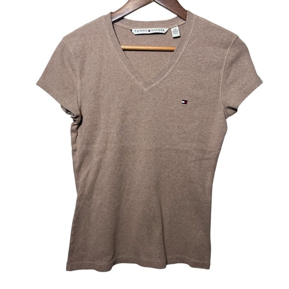 Vintage Y2K Tommy Hilfiger Tan V Neck Logo Tee‎ Women's L Minimalist Basic